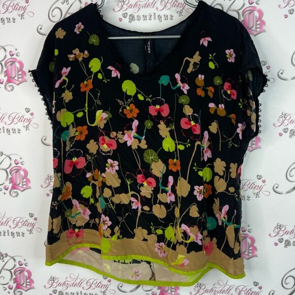 Marc Cain silk shirt flowers bright soft lightweight tshirt Black Floral Blouse